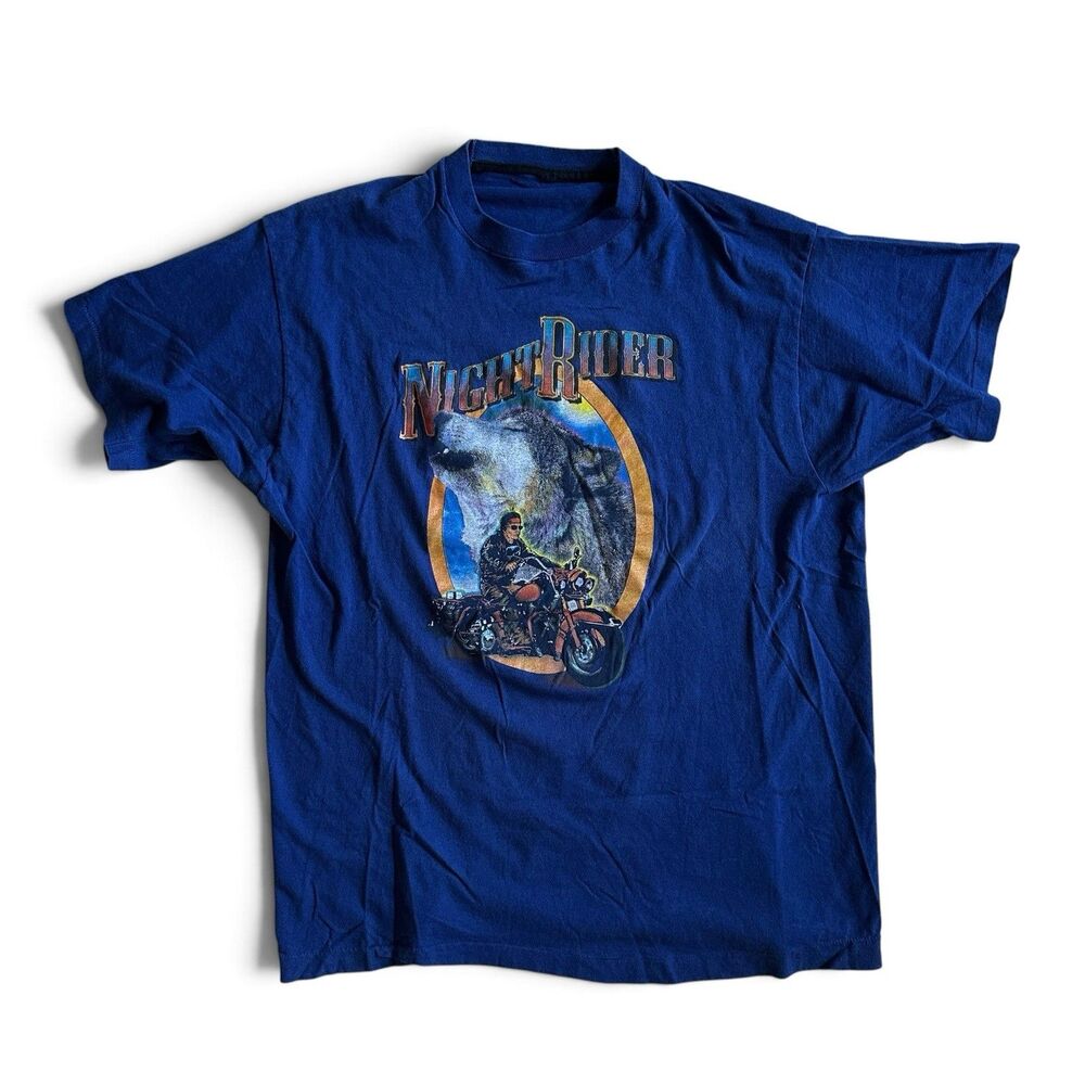 Vintage Single-Stitch 90s NIGHT RIDER Motorcycle T-Shirt Large Blue Biker Tee